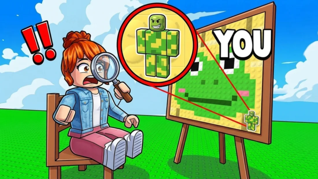 Close-up of a Hide In Pixels player blended into a green frog painting