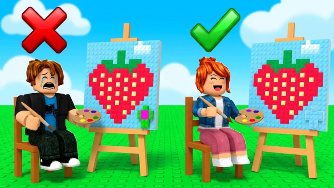 Hide In Pixels strawberry painting with a failed blend and a successful blend